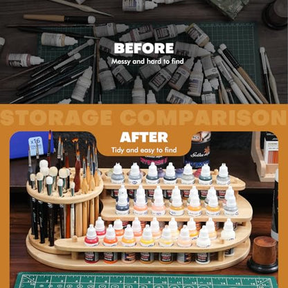 golden maple Bamboo Paint Organizer & Brush Holder 2-in-1, 3-Tier | 42 Paint Bottle Holes, 39 Paint Brush Slots, Desktop Storage Rack, For Miniature Model Painting & Art Crafts