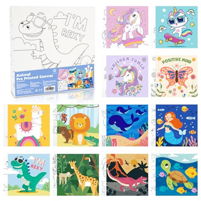 CONDA 12 Pcs Pre Drawn Canvas to Paint 6x6 Inch, Animal Pre Printed Canvas for Painting for Beginners Students, DIY Paint Art Supplies, Painting Canvas Panels and Sip Kit - color: Animal Canvas