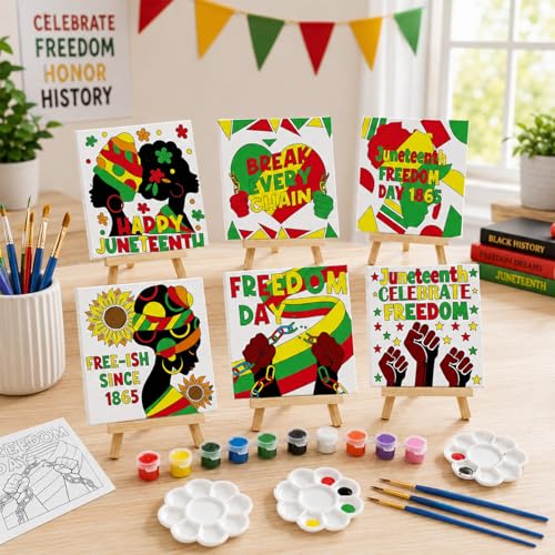 Cinrobiye 12 Pcs Juneteenth Canvas Craft Kit, DIY Pre Drawn Canvas Painting Activity Set with Easels Brushes and Aprons, Freedom Day Classroom Arts and Crafts Supplies for Group Event