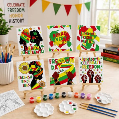 Cinrobiye 12 Pcs Juneteenth Canvas Craft Kit, DIY Pre Drawn Canvas Painting Activity Set with Easels Brushes and Aprons, Freedom Day Classroom Arts and Crafts Supplies for Group Event
