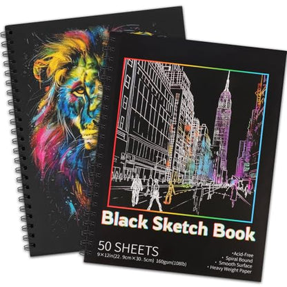 100 Sheets Black Paper Sketchbook(2 Pack), 108 lb/160gsm Heavyweight Black Sketch Pad 9×12in, Acid-Free Drawing Paper, Spiral Bound Sketch Book for Kids, Teens, Artist. - size: 9×12 Inch (2 Pack )