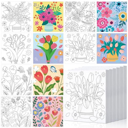 Honoson 6 Pcs 6 Inch Pre Drawn Outline Canvas Paint Kit with Pictures for Adults Paint Party Stretched Canvas Art Boards Set for Adult Beginner(Floral Style) - style: Floral Style