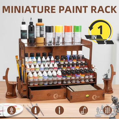 OPHIR Paint Organizer, Wooden 104 Holes Paint Holder with 26 Brush Holes, 1 Brush Holder with 6 Slots, 2 Painting Handles, 2 Drawers for Miniature Paints Storage, Paint Holes Dia.1.02 & 1.42 Inches - color: (Dia.1.02" & 1.42")104 Paint Holes+2x Paint Brus