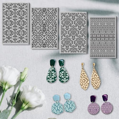 4 Pcs Retro Pattern Polymer Clay Texture Sheet Rubber Clay Texture Mat for Polymer Clays Making Earrings Jewelry DIY Crafts, 4 × 2.5 Inch - color: Retro Pattern