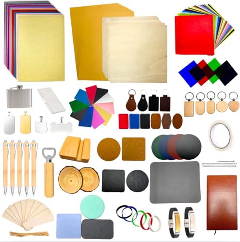 Mroy mio 135 PCS Laser Engraving Material Kit, 27 Kinds Laser Engraver Blanks for Laser Crafting, Includes Wood, Acrylic, Fabric, Rock, PU Leather, Diatom Mud Materials