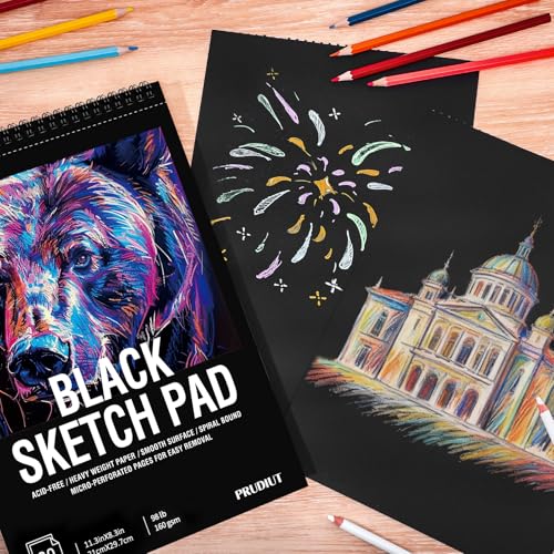 30 Sheets Black Paper Sketchbook, 98lb/160gsm Heavyweight Black Sketch Pad 8.3×11.7in, Acid-Free Drawing Paper, Spiral Bound Sketch Book for Kids, Teens, Artist - size: 8.3×11.3 Inch (1 pack)