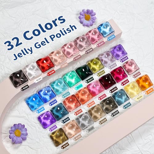 JODSONE 32 Colors Jelly Gel Nail Polish Kit with U V Light Crystal Transparent Classic Color 4 Functional Gel for All Seasons - color: 32KIT-M5M-Jelly