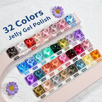 JODSONE 32 Colors Jelly Gel Nail Polish Kit with U V Light Crystal Transparent Classic Color 4 Functional Gel for All Seasons - color: 32KIT-M5M-Jelly