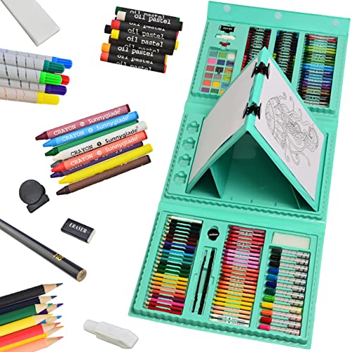 Sunnyglade 185 Pieces Double Sided Trifold Easel Art Set, Drawing Art Box with Oil Pastels, Crayons, Colored Pencils, Markers, Paint Brush, Watercolor Cakes, Sketch Pad (Green) - color: Green