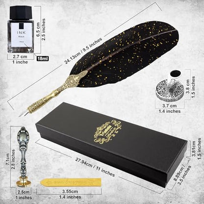 Quill Pen and Ink Set with Wax Seal Stamp - Black Feather Calligraphy Set for Beginners, Antique Dip Pen with 18 Nibs & Stand, Gift Boxed - color: BlackFeather
