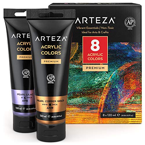 ARTEZA Metallic Acrylic Paint, Set of 8 Vibrant Essentials Colors 4.06oz Tubes, Rich Pigments, Non-Fading, Paints for Artists & Hobby Painters - style: 8 x 120ml (4.06 fl oz) Vibrant Essentials
