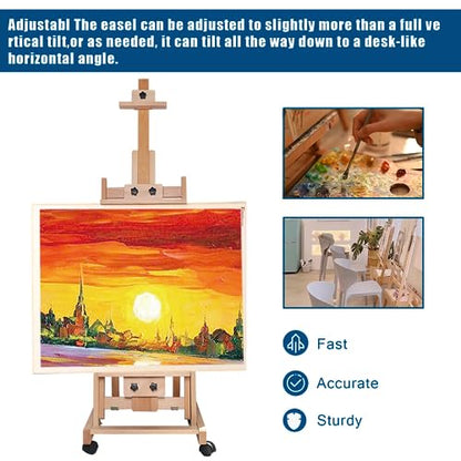 Multifunctional Artist Easel, H-Frame Adjustable Studio Easel, Portable Beech Wood Easel Stand with Brake Wheels, Floorstanding Painting Canvas Stand, Professional Painting Creation Workstation