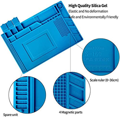 Kaisiking S-160 Silicone Repair Mat with Magnetic Feature, 2 ESD Tweezers and Anti-Static Wrist Strap for Electronics Soldering, 17.8 x 11.8 inch - color: 160 Soldering Mat Kit