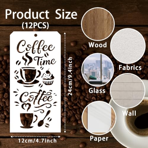 12 Sheets Stencils for Painting, 12 Styles Coffee Afternoon Tea Designs Drawing Templates Reusable Art Stencil for Hand Forearm Painting on Wall Wood Home Decor - style: Coffee