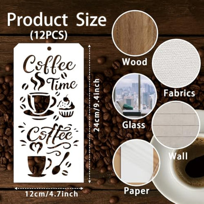 12 Sheets Stencils for Painting, 12 Styles Coffee Afternoon Tea Designs Drawing Templates Reusable Art Stencil for Hand Forearm Painting on Wall Wood Home Decor - style: Coffee