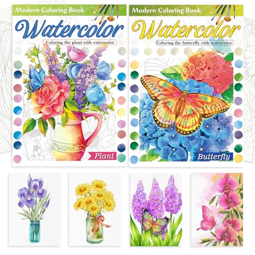 2Pack Watercolor Coloring Book for Adults:24 Exquisite Patterns – 100% Cotton 300gsm A4 – for Beginners & Professionals to Enhance & Consolidate Watercolor Techniques (Plant & Butterfly)