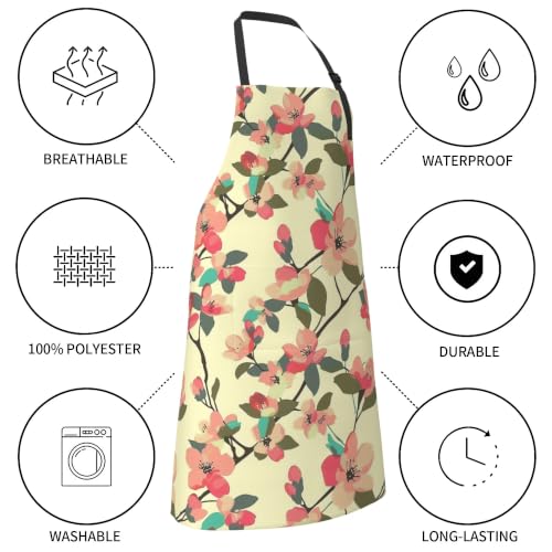 Cream Pastel Wildflower Art Waterproof Apron with Pockets | Garden Aprons for Men Women Adjustable Bib Apron for Cooking Kitchen Baking BBQ Painting Housework Oil Resistant - color: Apricot Blossom Boughs