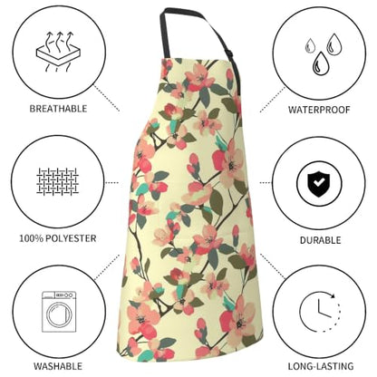 Cream Pastel Wildflower Art Waterproof Apron with Pockets | Garden Aprons for Men Women Adjustable Bib Apron for Cooking Kitchen Baking BBQ Painting Housework Oil Resistant - color: Apricot Blossom Boughs