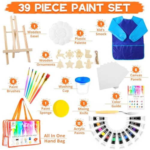 POPYOLA Acrylic Paint Set for Kids, Non Toxic Kids Painting Set with Tabletop Easel, Acrylic Paints, Smock, Canvases, Wooden Stencils, Brushes, Painting Kit Gift for Beginner Student Toddlers - color: Blue