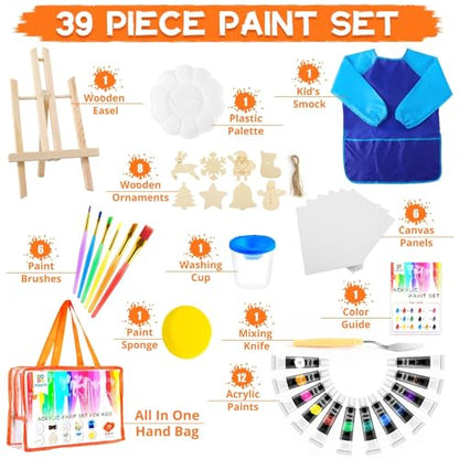 POPYOLA Acrylic Paint Set for Kids, Non Toxic Kids Painting Set with Tabletop Easel, Acrylic Paints, Smock, Canvases, Wooden Stencils, Brushes, Painting Kit Gift for Beginner Student Toddlers - color: Blue