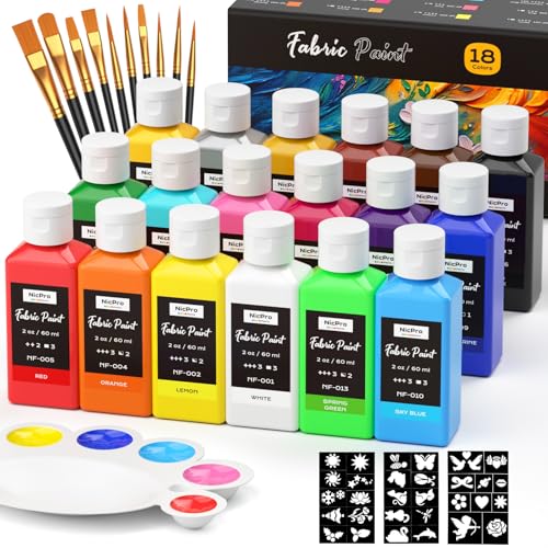 Nicpro 18 Colors Fabric Paint (2oz/60ml), Permanent Soft Fabric Paint Set with Brushes, Palette, Stencils, Non-Toxic Textile Paint for Fabric DIY Crafts, T-Shirts, Shoes, Jeans, Bags, Furniture, Art - color: 18 Colos, size: 2oz (60ml)