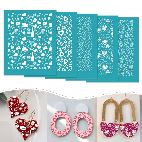 Briartw 5 Pattern Clay Silk Screen Stencil Set for Polymer Clay – Valentine's Day Earring Stencil Set - DIY Craft Templates – for Polymer Jewelry,Earrings,Sculpting & Decorative Art - 4.13x3.35 Inch