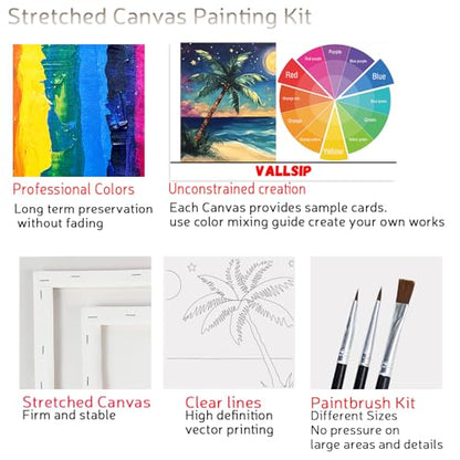 VALLSIP 2Pack Paint and Sip Canvas Painting Kit Pre Drawn Canvas for Painting for Adults Stretched Canvas Couples Games Date Night Anniversary Paint Party Supplies Favor Moonlit Night Easel