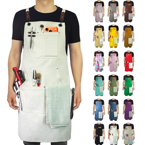 Kitchen Apron, Work Apron, Canvas, Multiple Pockets, Gardening, Painting, BBQ, Artist, Carpenter, Sizes M to XXL, White - color: White