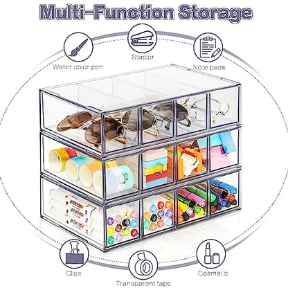 Desk Organizer with 12 Drawers, FODIENS 3 Packs Stackable Desktop Storage Box with Removable Drawer, Clear Sunglasses Organizer Display Case for Stationery Marker Pens Eyeglasses Office Supply - style: 3 Layers -12 Drawers