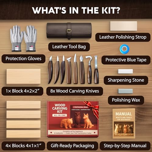 Wood Carving Kit for Beginners - Gift Ready Complete Tools Set | Whittling Kit with 8 Wood Carving Knives, Spoon Carving Tools, Wood Blocks, Gloves, Roll Bag and Sharpening Strop