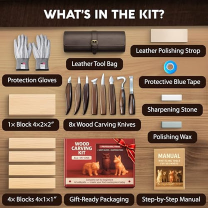 Wood Carving Kit for Beginners - Gift Ready Complete Tools Set | Whittling Kit with 8 Wood Carving Knives, Spoon Carving Tools, Wood Blocks, Gloves, Roll Bag and Sharpening Strop