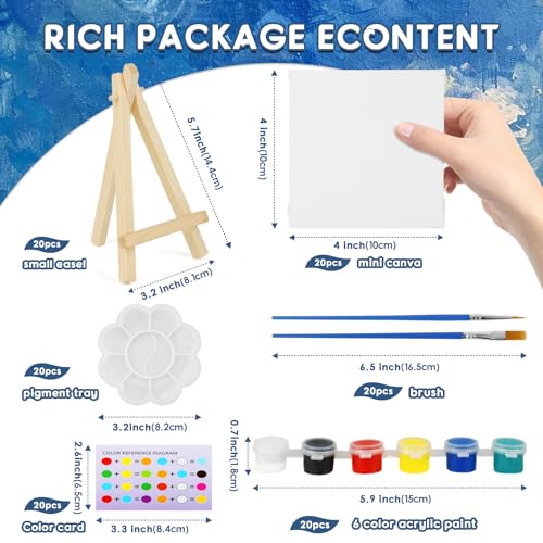 20 Set Acrylic Paint Canvas Set, 4 inches Mini Art Painting Supplies Kit with 6 Colors Acrylics Paint Table Wood Easel Canvas Panels Paint Brushes Palette for Beginner Artist Adults Birthday