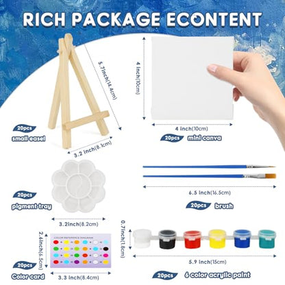 20 Set Acrylic Paint Canvas Set, 4 inches Mini Art Painting Supplies Kit with 6 Colors Acrylics Paint Table Wood Easel Canvas Panels Paint Brushes Palette for Beginner Artist Adults Birthday