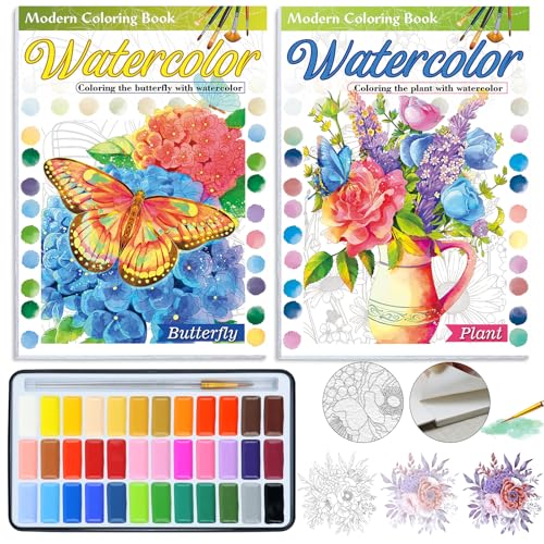 2Pack Watercolor Coloring Book for Adults + 36 Color Watercolor Set: 24 Unique Patterns, 100% Cotton 300gsm A4, for Beginners & Advanced to Enhance Techniques, Gift for Women(Plant & Butterfly) - style: Plant & Butterfly