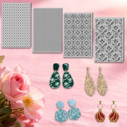 4 Sheets Magnolias Flowers Pattern Polymer Clay Texture Sheet Plants Pattern Rubber Clay Texture Mat for Polymer Clay Making Earrings Jewelry DIY Crafts 4 × 2.5 Inch - style: Magnolias Flowers