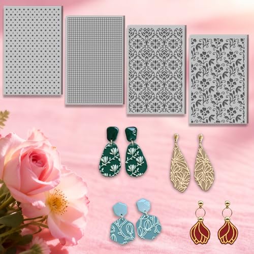 4 Sheets Magnolias Flowers Pattern Polymer Clay Texture Sheet Plants Pattern Rubber Clay Texture Mat for Polymer Clay Making Earrings Jewelry DIY Crafts 4 × 2.5 Inch - style: Magnolias Flowers