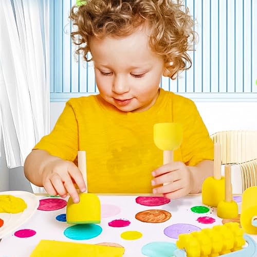 60 Pcs Round Paint Sponges Set, 5 Sizes Sponge Brushes for Painting, Sponge Paint Brushes for Acrylic Painting, Wooden Handle Craft Sponges for DIY, Crafts and Kids Arts - style: 60 Pcs Yellow