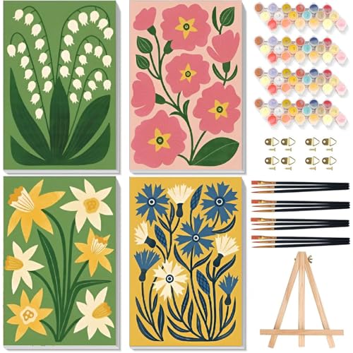 4 Pack Paint by Numbers for Adults with Framed Canvas - with Wooden Easel, Easy Flower Paint by Number for Beginners, Flowers Acrylic Oil Painting on Canvas with Brushes for Home Wall Decor 8x12 inch - color: BKH2304+BKH2305+BKH2306+BKH2307