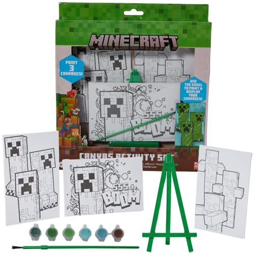 Innovative Designs Minecraft Canvas Paint Set for Kids with 3 Canvases, Acrylic Paint, Paintbrush, & Easel - color: Minecraft