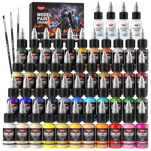 Smallbudi 44 Colors Model Paint Set (20ml/0.6oz), Modeling Acrylic Paint Set with 3 Brushes and 4 Thinner for Brush Use & Airbrushing, Miniature Paint Set for Models, Gaming Figures, 3D Prints, Crafts - color: 44 Colors with 4 Thinner