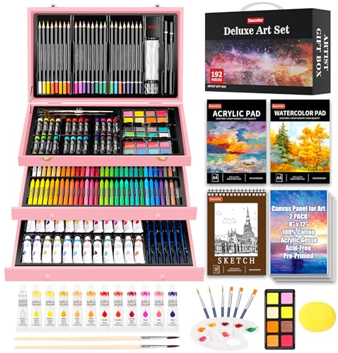 Soucolor Mother Day Birthday Gifts, Art Kits Art Sets, Aesthetic Cute Preppy Stuff Art Supplies, 192-Pack Deluxe Drawing Stuff with Acrylic Pad, Watercolor Book and Sketch Book, Canvases, Brushes - color: Pink