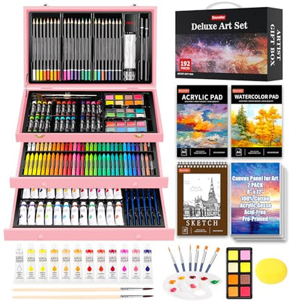 Soucolor Mother Day Birthday Gifts, Art Kits Art Sets, Aesthetic Cute Preppy Stuff Art Supplies, 192-Pack Deluxe Drawing Stuff with Acrylic Pad, Watercolor Book and Sketch Book, Canvases, Brushes - color: Pink