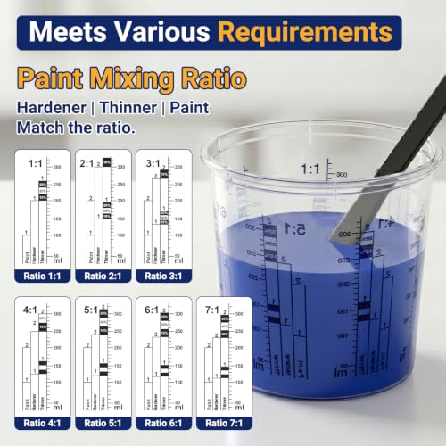 Gartful 12 Pack 10oz Clear Plastic Measuring Cups with 12 Stir Sticks, Disposable Graduated Mixing Cups with ml Scale & 3-Column Paint/Hardener/Thinner Mixing Ratios (1:1-7:1) for Epoxy Resin, Paint - size: 10oz / 320ml - 12 Set