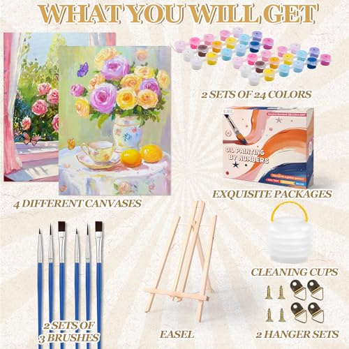 OLDEGG Framed Paint by Numbers Kit for Adults Beginner,2 Pack Rose Floral Themed Adult Paint by Number Kits with Easels Brushes Paints,Paint by Numbers Perfect Crafts Gift Unique Wall Art 12x16 inch - color: Yellow Pink Flower-2pack