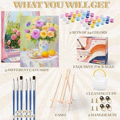 OLDEGG Framed Paint by Numbers Kit for Adults Beginner,2 Pack Rose Floral Themed Adult Paint by Number Kits with Easels Brushes Paints,Paint by Numbers Perfect Crafts Gift Unique Wall Art 12x16 inch - color: Yellow Pink Flower-2pack