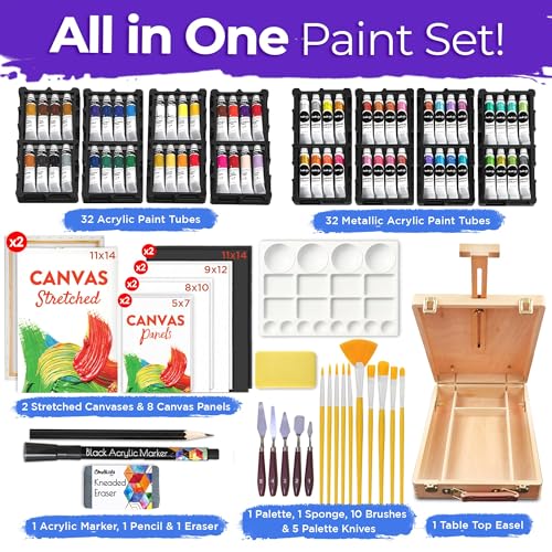 Chalkola 95 Pcs Acrylic Painting Kit for Adults | 64 Acrylic Paint Set, Wood Tabletop Easel, Canvas, Art Brushes, Palette, Knife - Professional Canvas Painting Supplies for Artists & Beginners - size: 95 Full Acrylic Set