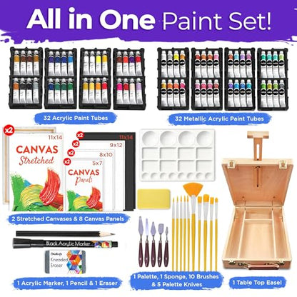 Chalkola 95 Pcs Acrylic Painting Kit for Adults | 64 Acrylic Paint Set, Wood Tabletop Easel, Canvas, Art Brushes, Palette, Knife - Professional Canvas Painting Supplies for Artists & Beginners - size: 95 Full Acrylic Set