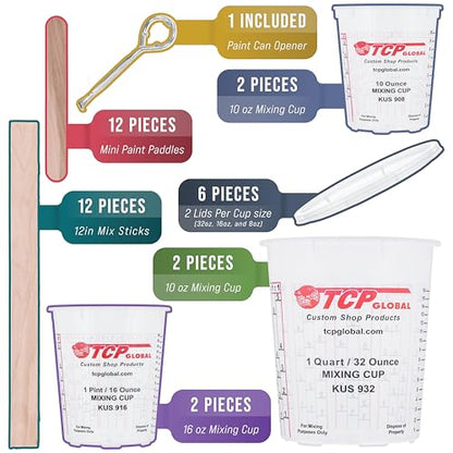 TCP Global Complete Paint Mixing Kit - 12 Cups with Lids, Mixing Sticks, Paddles, Strainers - Epoxy Resin Measuring Cups, Plastic Paint Cup Containers for Automotive & Art Projects