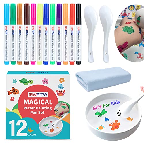 IRWPITW Magic Drawing Pen Bundle, 12 Colors Magical Water Painting Pens for Kids, Kiddies Create Magic Pen Floating Ink Drawings Set with Spoons and Towel, Tattoo Water Marker Gifts for Boys and Girls - size: 12 pens + 2 spoons + towel