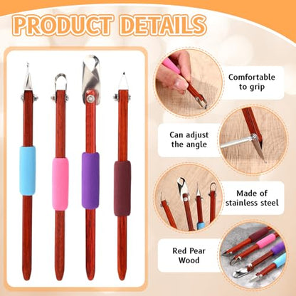 Lanties 4 Pcs Pottery Carving Tool Set Sculpture Scraper Craft Modelling Tools Red Pear Wood Texture Handle with Stainless Steel Blade for Clay Carving, Ceramic Sculpting, Graffito (Wonderful Color) - color: Wonderful Color